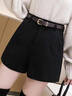 FOX.G黑色短褲女士秋冬外穿休閑寬松打底褲顯腿長(cháng)女生女裝通勤西裝褲 黑色紐扣松緊腰毛呢短褲 無(wú)腰帶 L 【建議115-125斤】 曬單實(shí)拍圖