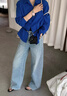 高端燙鉆直筒牛仔褲女春秋2026新款高腰超好看寬松鑲鉆彎刀闊腿褲 淺藍色-長(cháng)褲-贈皮帶 M (27) 曬單實(shí)拍圖