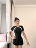 安踏（ANTA）連體泳衣 女短袖平角連體顯瘦速干競速游泳溫泉泳裝度假沙灘 黑白【連體雙層短褲款】 L (160-170cm/50-55KG) 曬單實(shí)拍圖
