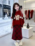 女童元旦穿搭2026新款大童紅色新年毛衣套裝女孩超好看本命年年服 三件套【毛衣+打底+加絨格子裙】 150 曬單實(shí)拍圖