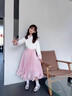 Little  Naive女童法式百褶裙春秋新款中長(cháng)花瓣復古半身裙 粉色 150 曬單實(shí)拍圖