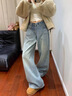 啄木鳥(niǎo)滿(mǎn)天星燙鉆直筒牛仔褲女冬加絨大碼胖mm設計感高腰寬松顯瘦闊腿褲 藍色 加絨小個(gè)子版 加厚 M 建議96-105斤 曬單實(shí)拍圖