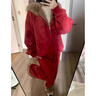 芭麥圖毛耳兔新年套裝 復古美式滿(mǎn)天星毛領(lǐng)兔耳朵紅色連帽套裝寬松衛衣 紅色兩件套（加絨加厚） M 【建議100-125斤】 曬單實(shí)拍圖