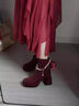 啄木鳥(niǎo)珍珠蝴蝶結防水臺高跟短靴女2025秋冬新款法式粗跟真皮馬丁靴子女 酒紅色【單里】 跟高8.0cm 38 曬單實(shí)拍圖