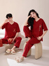 已朵情侶睡衣女夏季薄款短袖長(cháng)褲純棉結婚新婚紅色喜慶家居服男套裝 曬單實(shí)拍圖