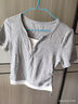 百圖betu女裝夏季新款T恤拼色領(lǐng)口抽繩設計收腰顯瘦短袖女2503T20 淺灰 M 曬單實(shí)拍圖