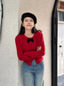 佐敘開(kāi)衫毛衣女2026新款蝴蝶結針織小香風(fēng)設計感長(cháng)袖收腰紅色新年戰袍 酒紅色 均碼 【建議85-115斤】 曬單實(shí)拍圖
