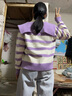 2025春秋新款娃娃領(lǐng)拉鏈針織開(kāi)衫女上衣韓版寬松條紋打底毛衣外套 4602紫色 M  【建議96斤-110斤】 曬單實(shí)拍圖