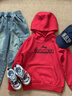 沃蘭迪Kids樂(lè )高抓絨連帽衛衣童裝男女小大童親膚舒適休閑套頭連帽上衣 紅色 130 曬單實(shí)拍圖
