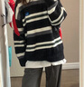 PSO Brand情侶裝針織衫男可愛(ài)小狗撞色條紋仿馬海毛毛衣女秋冬季打底衫 墨黑色 Black M 曬單實(shí)拍圖