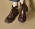 意爾康女靴冬季皮帶扣厚底西部牛仔靴加絨百搭女短靴 14446W棕色39 曬單實(shí)拍圖