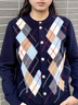 NAOTIEA納奧蒂爾小帆船復古菱格羊毛針織開(kāi)衫女2026春季新款內搭毛衣 藏藍色 L （建議105-120斤） 曬單實(shí)拍圖