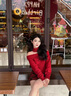 她芙（tafu）品牌女裝套裝女2026春秋新款減齡針織一字肩毛衣包臀半身裙兩件套 紅色毛衣+紅色半裙 M 曬單實(shí)拍圖