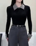 LDBE韓版高級miu系撞色polo翻領(lǐng)針織打底衫女秋冬季內搭修身百搭上衣 黑色【磨毛款】 XL 110-120斤 曬單實(shí)拍圖