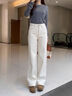 美思源白色直筒牛仔褲女款秋冬2025新款杏色高腰拖地褲加絨闊腿褲 米杏色長(cháng)褲加厚絨 L 【110-120斤】 曬單實(shí)拍圖