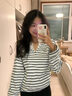 Olrain歐芮兒新款女裝春季條紋V領(lǐng)拼接蕾絲寬松休閑長(cháng)袖T恤上衣 條紋 L 曬單實(shí)拍圖