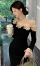 耀超赫本風(fēng)法式魚(yú)尾晚禮服黑色洋氣少女小黑裙花朵網(wǎng)紗斜肩連 黑色 S 曬單實(shí)拍圖