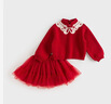 戴維貝拉女童半裙套裝秋冬寶寶國風(fēng)兩件套兒童紅色衣服 曬單實(shí)拍圖
