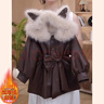 女童加絨皮大衣派克服外套2026新款秋冬中長(cháng)款加厚免洗pu皮蝴蝶結 咖色【加絨加厚款】 150 曬單實(shí)拍圖