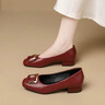 蜘蛛王真皮單鞋女秋季新款軟皮粗跟淺口紅色一腳蹬豆豆鞋小碼中式媽媽鞋 酒紅色 39 曬單實(shí)拍圖