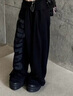 佐敘闊腿褲女 美式復古小眾字母火焰飄帶休閑衛褲設計感寬松休閑直筒 黑色 M 【建議95-110斤】 曬單實(shí)拍圖