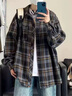 頂峰保羅（Dingfengbaoluo）美式復古格子襯衫男春季寬松撞色潮流百搭襯衣外套SKD51黑色L 曬單實(shí)拍圖