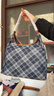 Lee新款英倫風(fēng)格紋單肩包女春季簡(jiǎn)約腋下包通勤百搭托特包月牙包 藍色配棕色 曬單實(shí)拍圖