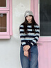 Teenie Weenie小熊女裝毛針織衫26年春季新款青春活力條紋圓領(lǐng)開(kāi)衫 藏青色 S 曬單實(shí)拍圖