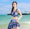芭比游泳衣女分體三件套保守時(shí)尚印花平角遮肚顯瘦小胸海邊度假游泳裝 曬單實(shí)拍圖
