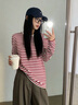 回力紅色條紋長(cháng)袖t恤女2026新款春純棉寬松內搭打底美式復古女生上衣 曬單實(shí)拍圖