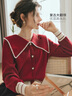 Olrain歐芮兒新年紅色毛衣女裝大翻領(lǐng)泡泡袖針織上衣本命年 復古紅 XL 曬單實(shí)拍圖