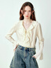 樂(lè )町甜美少女感白色荷葉邊襯衫女夏季新款時(shí)尚百搭肌理感襯衣 米白（現貨） XS 曬單實(shí)拍圖