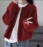 錦裳淑針織開(kāi)衫毛衣外套女秋季新年穿搭紅色寬松外搭休閑拉鏈上衣 紅色 XL 曬單實(shí)拍圖