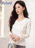 百富（BYFORD）純色T恤女長(cháng)袖氣質(zhì)V領(lǐng)顯瘦內搭打底衫女慵懶百搭女上衣 白色 XL 曬單實(shí)拍圖