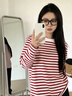 回力紅色條紋長(cháng)袖t恤女2026新款春純棉寬松內搭打底美式復古女生上衣 曬單實(shí)拍圖