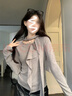 斤慕韓系設計感荷葉邊飄帶灰色長(cháng)袖修身內搭T恤打底衫上衣女秋冬新款 灰色修身打底衫 M 建議90-110斤左右 曬單實(shí)拍圖
