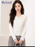 百富（BYFORD）純色T恤女長(cháng)袖氣質(zhì)V領(lǐng)顯瘦內搭打底衫女慵懶百搭女上衣 白色 XL 曬單實(shí)拍圖
