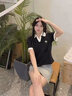 真維斯（Jeanswest）翻領(lǐng)寬松純棉短袖polo領(lǐng)T恤女2026夏季新款高中生韓系撞色打底衫 黑色 小白花_K XL 曬單實(shí)拍圖