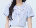 紫涵（ZIHAN）紫涵娃娃領(lǐng)蕾絲花邊短袖襯衫女年夏季新款甜美減齡花苞袖襯衣 藍條 M 曬單實(shí)拍圖