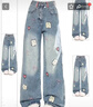 衣然呈品美式復古牛仔褲女春秋季新款胖mm卡通刺繡百搭高腰顯瘦直筒褲子女 藍色 XS 【建議90-95斤】 曬單實(shí)拍圖