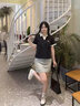 真維斯（Jeanswest）翻領(lǐng)寬松純棉短袖polo領(lǐng)T恤女2026夏季新款高中生韓系撞色打底衫 黑色 小白花_K XL 曬單實(shí)拍圖