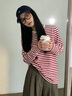 回力紅色條紋長(cháng)袖t恤女2026新款春純棉寬松內搭打底美式復古女生上衣 曬單實(shí)拍圖