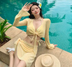 恬飾泳衣女士泡溫泉遮肉肚子游泳衣長(cháng)袖沙灘比基尼女防曬外搭海邊分體 黃色四件套 【建議80-115斤】 曬單實(shí)拍圖