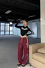 曼迪尚美式復(fù)古嘻哈工裝褲街舞闊腿抽繩男女寬松新款顯瘦休閑運動褲長褲 紅色 L 曬單實拍圖