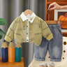 五小七童裝男童套裝春秋季新款洋氣兒童外套時(shí)髦男寶寶衣服三件套 米白色 80 尺碼7-11月cm 曬單實(shí)拍圖