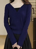 晚白【新品】2026春季氣質(zhì)設計感假兩件上衣通勤溫柔舒適套頭針織衫女 深藍色 M 曬單實(shí)拍圖