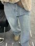 啄木鳥(niǎo)滿(mǎn)天星燙鉆直筒牛仔褲女冬加絨大碼胖mm設計感高腰寬松顯瘦闊腿褲 藍色小個(gè)子版 M 建議96-105斤 曬單實(shí)拍圖