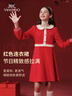 英氏（YEEHOO）女童連衣裙兒童裙子春季公主長(cháng)裙中大童裝洋氣春裝拜年服 圣誕假日-大紅 165 曬單實(shí)拍圖
