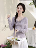 鹿向南氣質(zhì)蕩領(lǐng)上衣女春季新款設計感長(cháng)袖紫色T恤女 灰紫色 T恤 M 曬單實(shí)拍圖