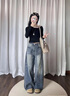 QGF復古藍高街寬松闊腿牛仔褲女男美式設計感高腰垂感直筒闊腿彎刀褲 藍色 M 【建議90-110斤】 曬單實(shí)拍圖